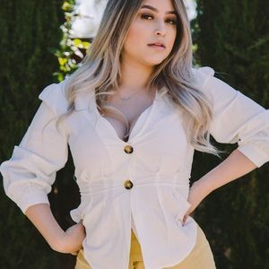 White vneck puff sleeve